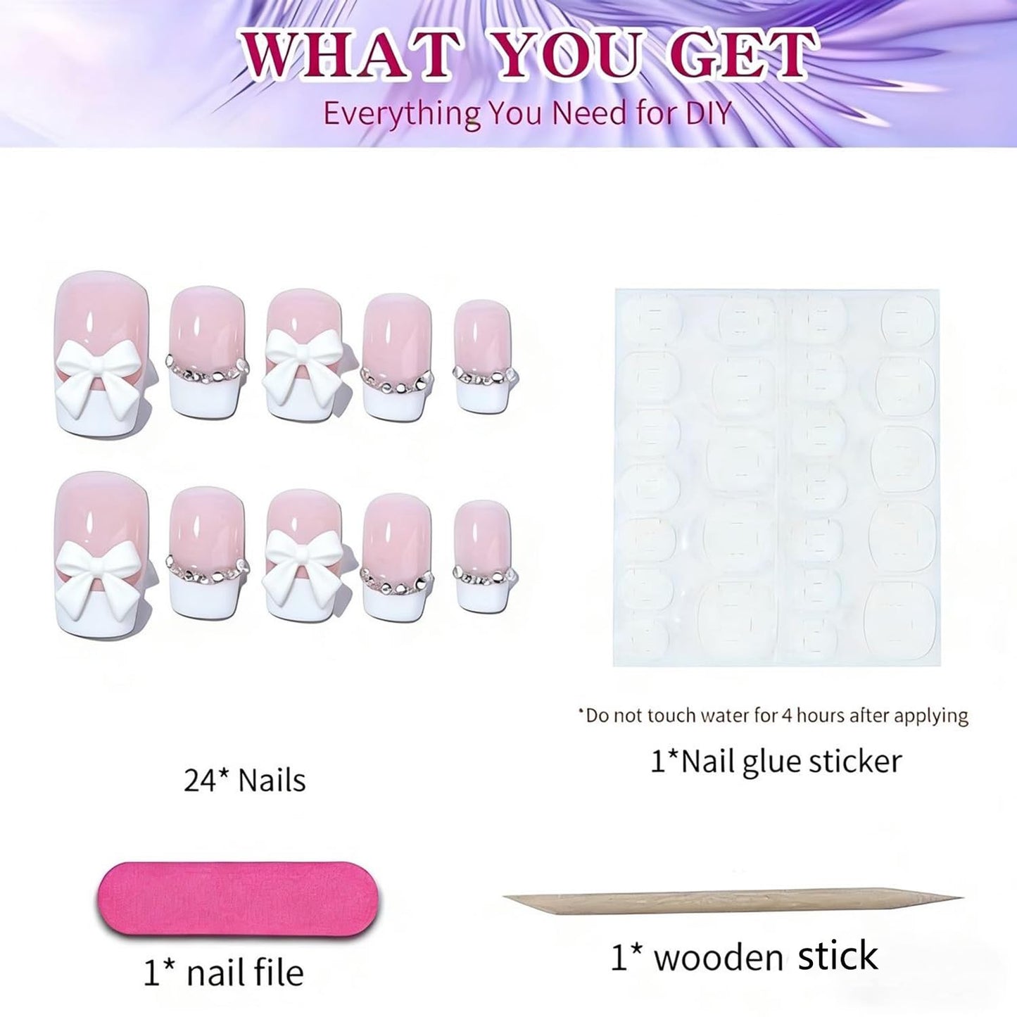 24Pcs French Tip Press on Nails White Tip Square Fake Nails with 3D Bow Full Cover Rhinestone Stick on Nails Medium Nails Press ons Cute White Reusable Acrylic False Nails for Women Girls