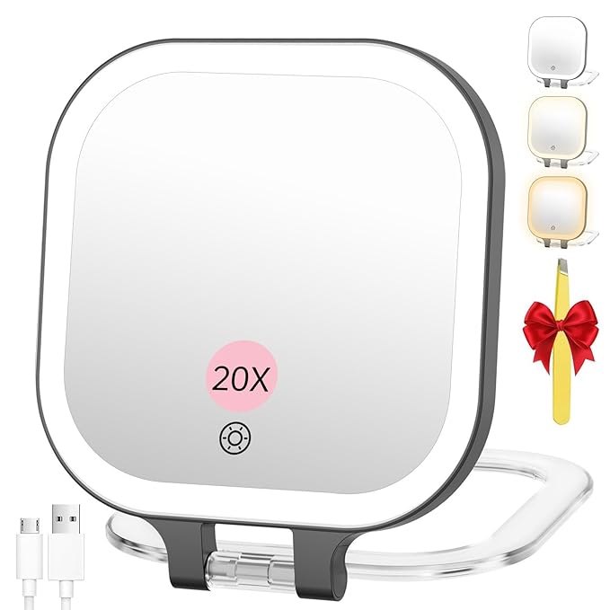 FASCINATE 20X Magnification Rechargeable Travel Makeup Mirror, 7" Lighted Portable Vanity Mirror with 3 Colors Lighting & Stepless Dimming, Double Sided LED Mirror, Gift for Women (Black)