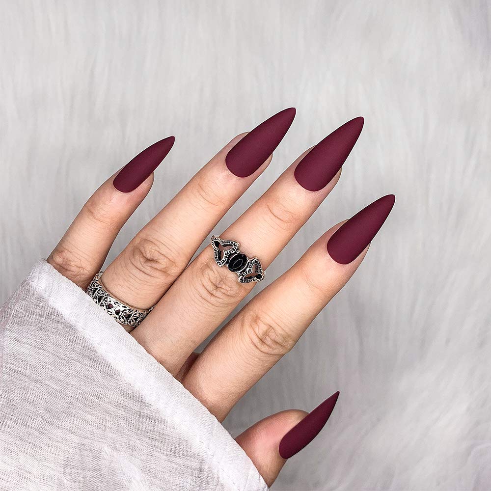 Morily Press-On Nails Bundle | Black Stiletto Matte & Wine Red Stiletto Matte | 24Pcs Each Set, Medium Length Long False Fake Nails