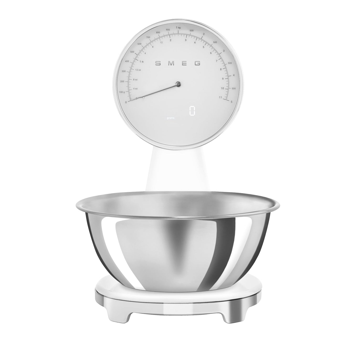 SMEG Retro-Style Analog & Digital Kitchen Scale, 11 lb Capacity, Rechargeable Battery, Backlit LCD Display, Stainless Steel Bowl (White)