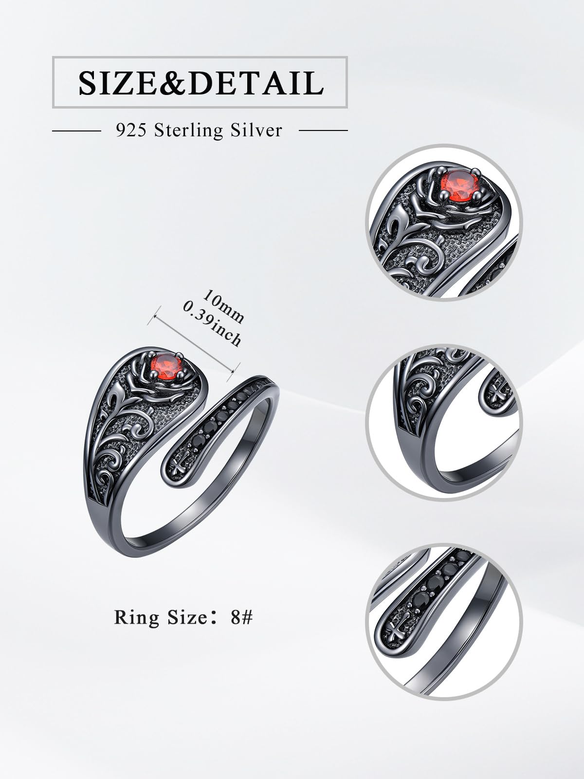 Midari Black Rose Cross Spoon Rings for Women 925 Sterling Silver Adjustable Cross Gothic Thumb Open Ring Gothic Ruby Jewelry Halloween Gifts for Women