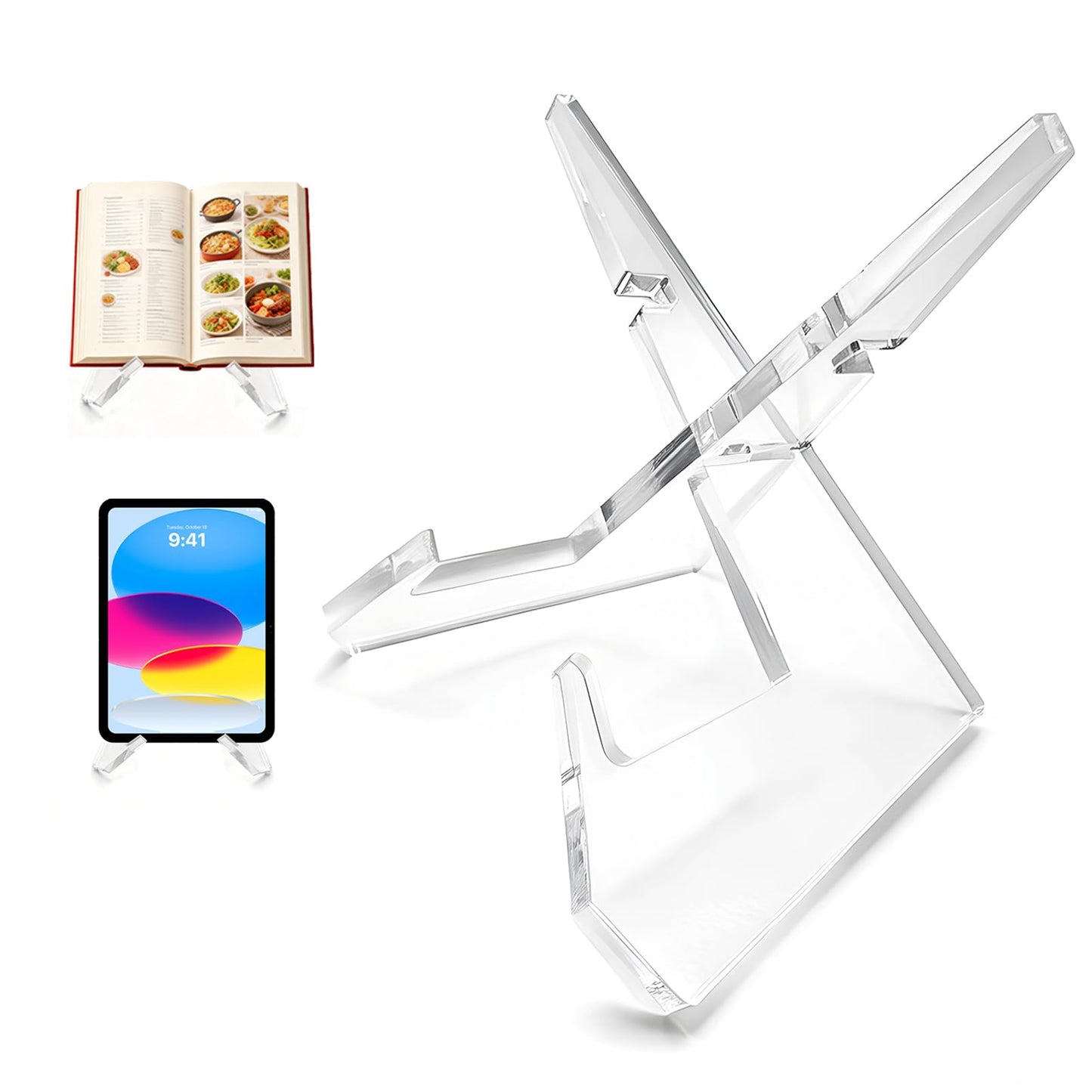 Cookbook Stand for Kitchen Counter Holds Books, Acrylic Cookbook Holder for Kitchen Counter Decor, Adjustable & Multifunctional Recipe Book Holder, Clear Display Holder