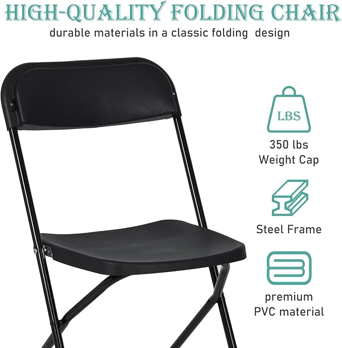 70 Pack Plastic Black Folding Chairs, Portable Stackable Commercial Party Folding Chairs with Steel Frame 350lbs for Home Office Outdoor Indoor Office Wedding Party Event