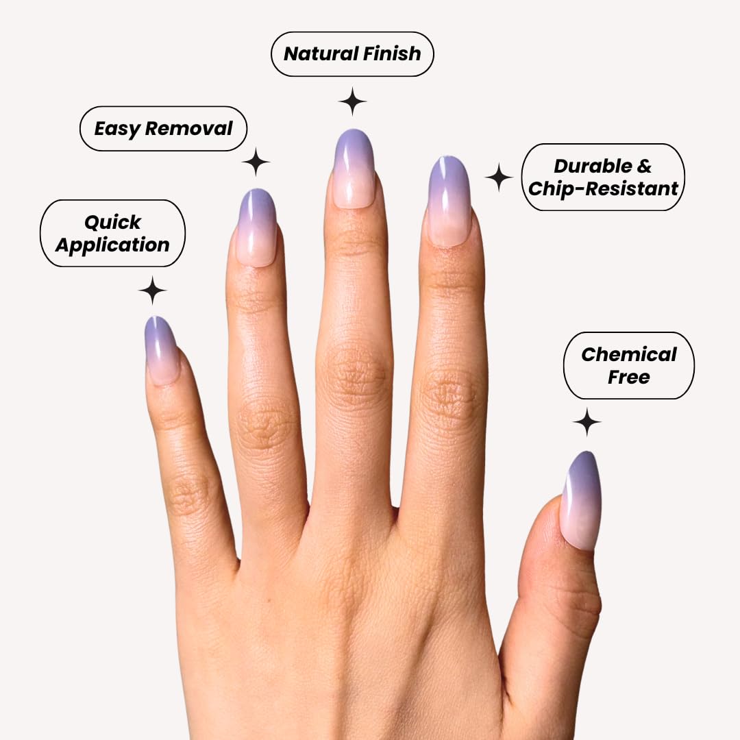 PerfectLook Press On Nails - Lavender Mist | No Glue One-Day Short Oval Nails, Nude to Purple Ombre Glossy Nails - 24 Pcs Nail Kit with Adhesive Tabs
