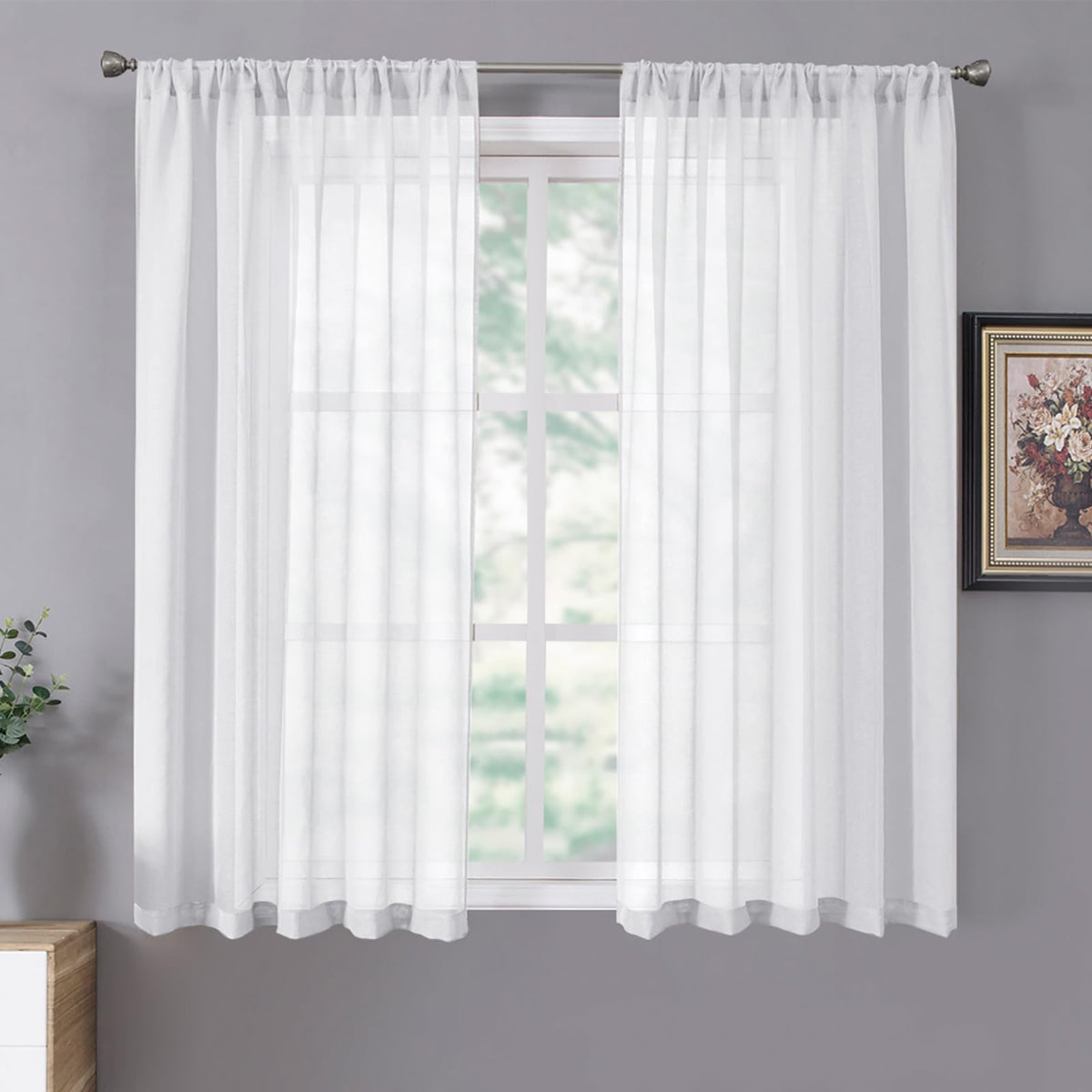 Short Sheer Curtain Linen Textured Bedroom Curtains Sheer Light Filtering Rod Pocket Voile Curtain for Living Room