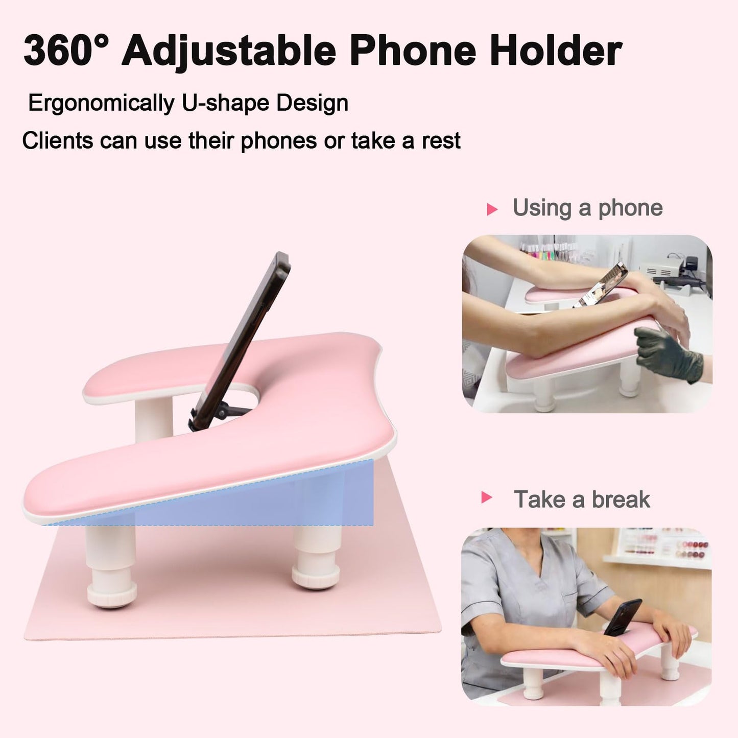 Arm Rest for Nails Tech with Nail Table Mat and Phone Holder,Adjustable Base U-shaped Manicure Nail Hand Rest Stand Pillow Cushion(Pink)