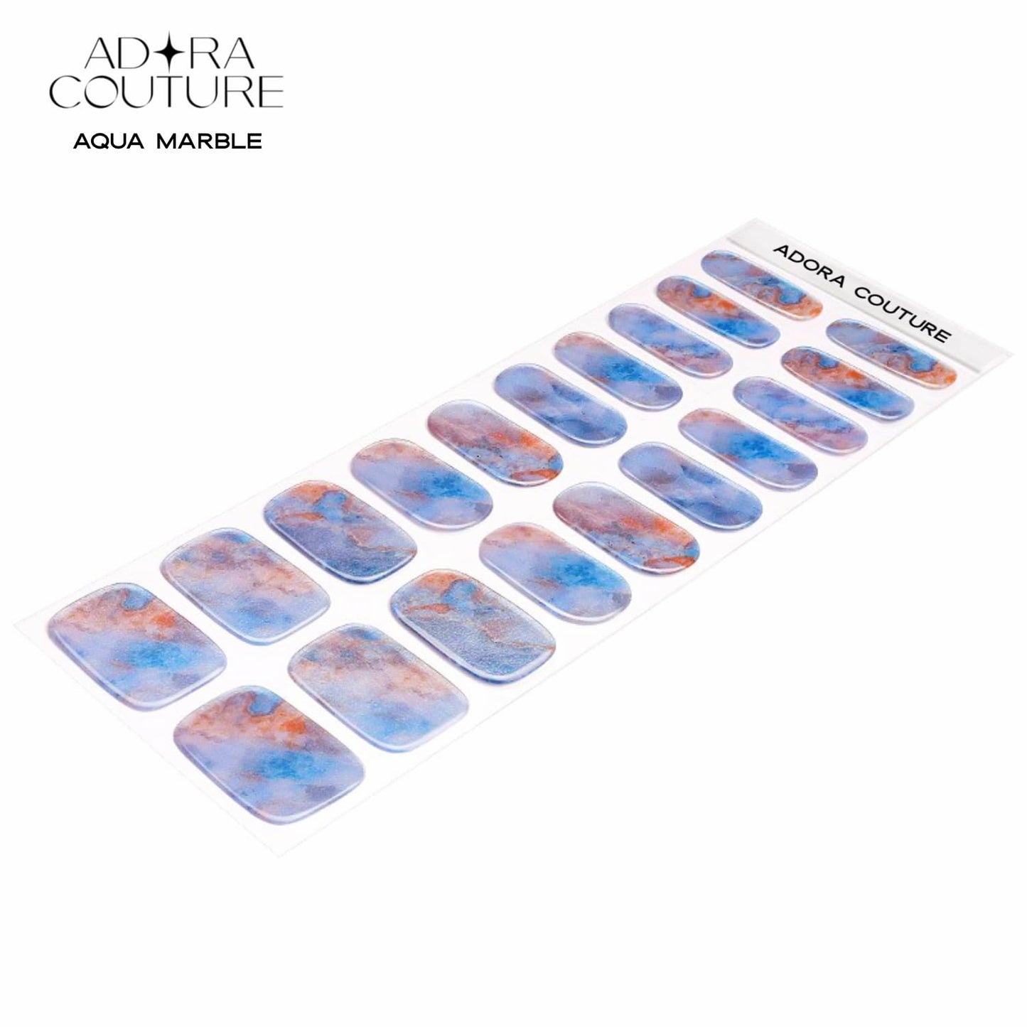 Adora Couture Semi Cured Gel Nail Strips with 20 Pieces - UV Gel Stickers, Manicure Kit, Easy Application Wraps Includes Prep Pads, Nail File, Wooden Stick - UV Light Required (Aqua Marble)