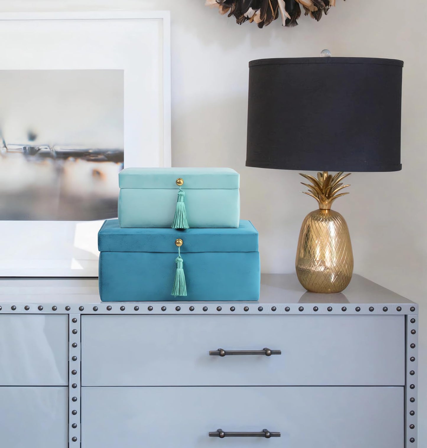 HofferRuffer Velvet Jewelry Boxes Decorative Boxes, Storage Accessory Organizer Boxes with Elegant Handle Decor, Classic Velvet Set of 2 Pieces (Blue)
