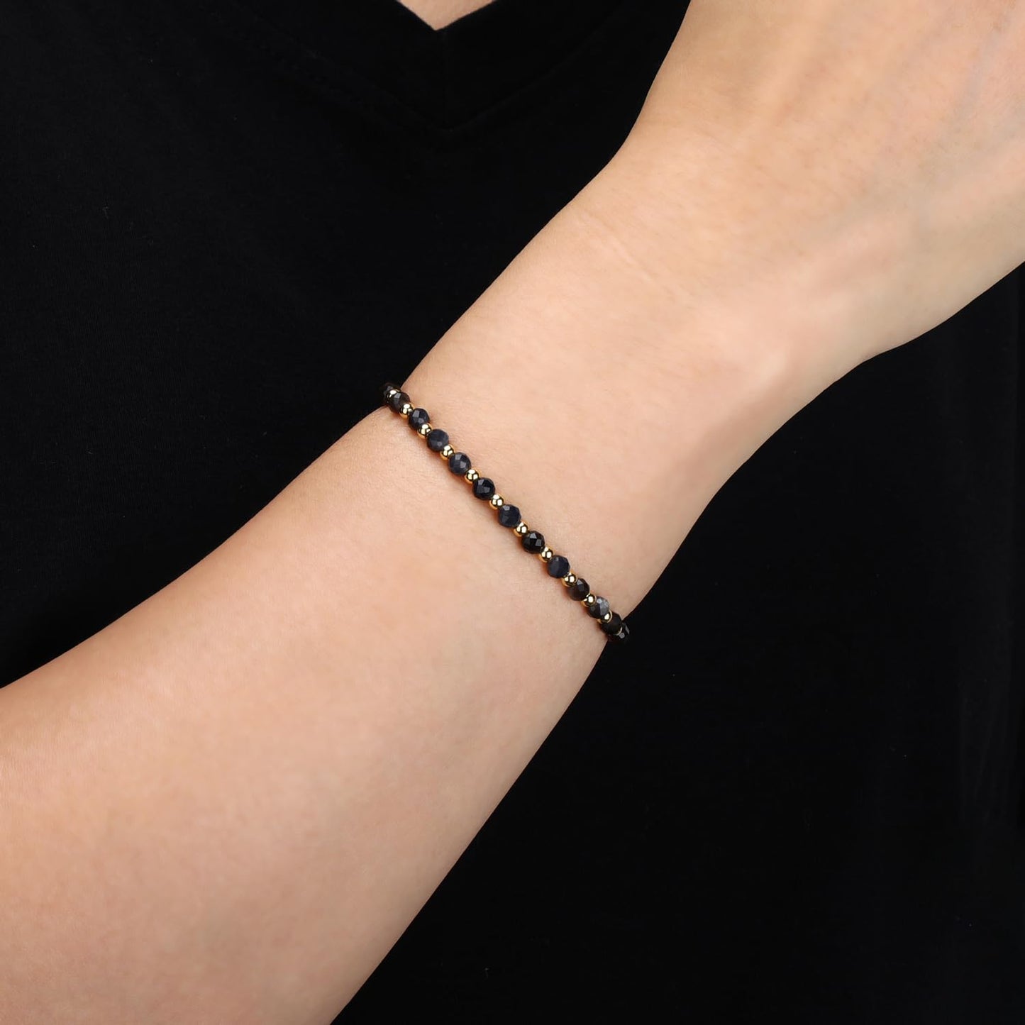 QOGIR Silver Obsidian - Fortune and Strength - 14K Gold Plated Beads Natural Gemstone Stretch Elastic Dainty Healing Beaded Bracelets Gifts 4mm