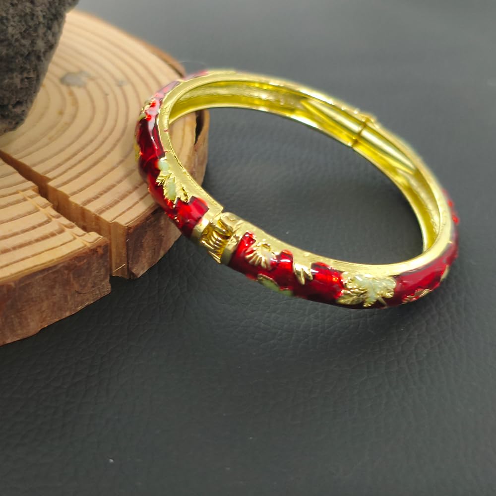 BlingNook Cloisonne Bracelet For Women, Chunky Bangle Trendy Cute Flower Enamel Bangles Multi Tone Engraved Cuff Gold Plated Bracelets Stackable Wife Jewelry Friendship Gift (Red, One Size)