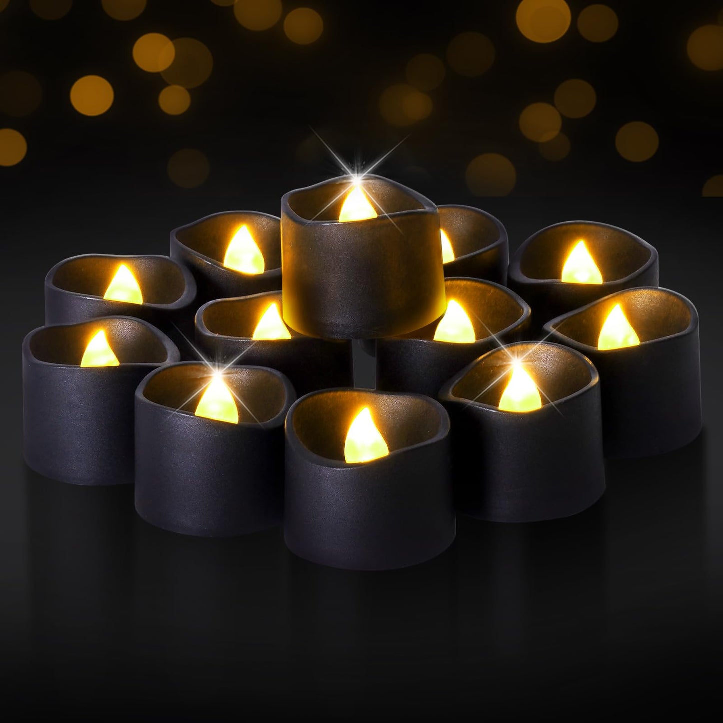 Raycare 24 Pack Black Battery Operated Tea Lights, 200+Hour Electric Flickering Flameless Candles, Realistic Votive LED Tea Lights for Wedding Party Table Christmas Halloween Decorations