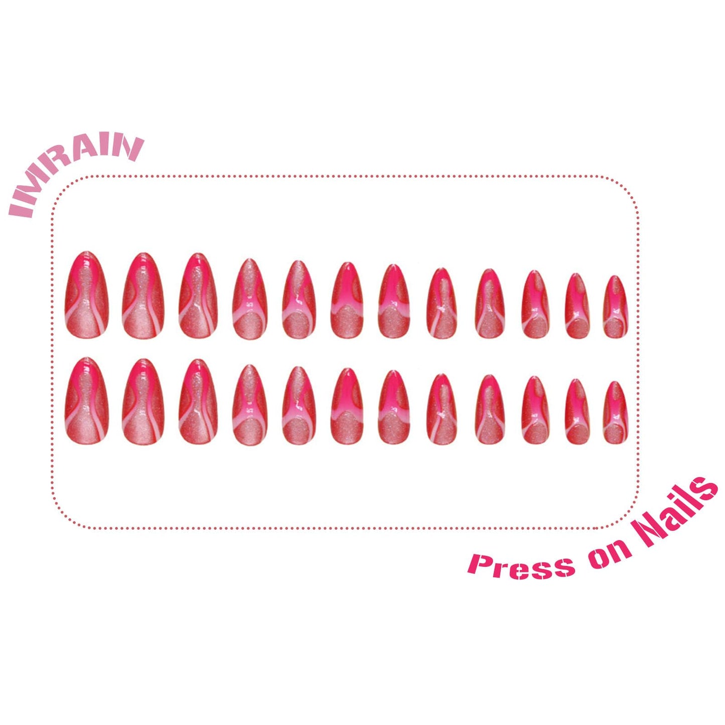 IMRAIN Hot Pink Press on Nails Medium Almond Fake Nails Cat Eye False Nails Bling Wave Glossy Acrylic Full Cover Artificial Stick on Nails for Women Girls 24Pcs