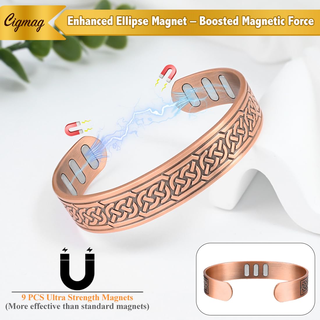 Cigmag Copper Magnetic Bracelet for Men, with Powerful 9X 5000 Gauss Magnets, Adjustable Solid Pure Copper (Axe)