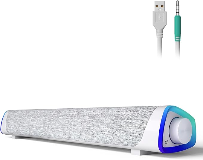 SOULION R30 Computer Speakers, USB Powered 3.5mm AUX Small PC Speaker, Colorful LED Lights with Switch Button, Surround Sound Bar Speaker for Desktop Laptop White