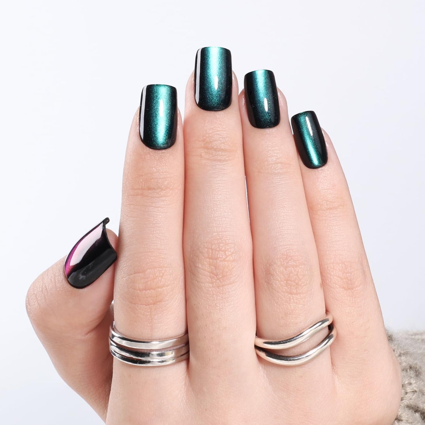 Leefrei Cat Eye Press On Nails - Short Square Deep Green Nails Press Ons for Women DIY Glossy Fake Nails Kit with Glue, Reusable Soft Gel Glue on Nails Short in 16 Sizes - 32pcs, Emerald Mirage