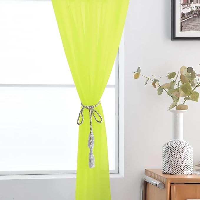 SpaceDresser Basic Rod Pocket Sheer Voile Window Curtain Panels Chartreuse 1 Pair 2 Panels 52 Width 54 Inch Long for Kitchen Bedroom Children Living Room Yard（Chartreuse, 52W x 54L）