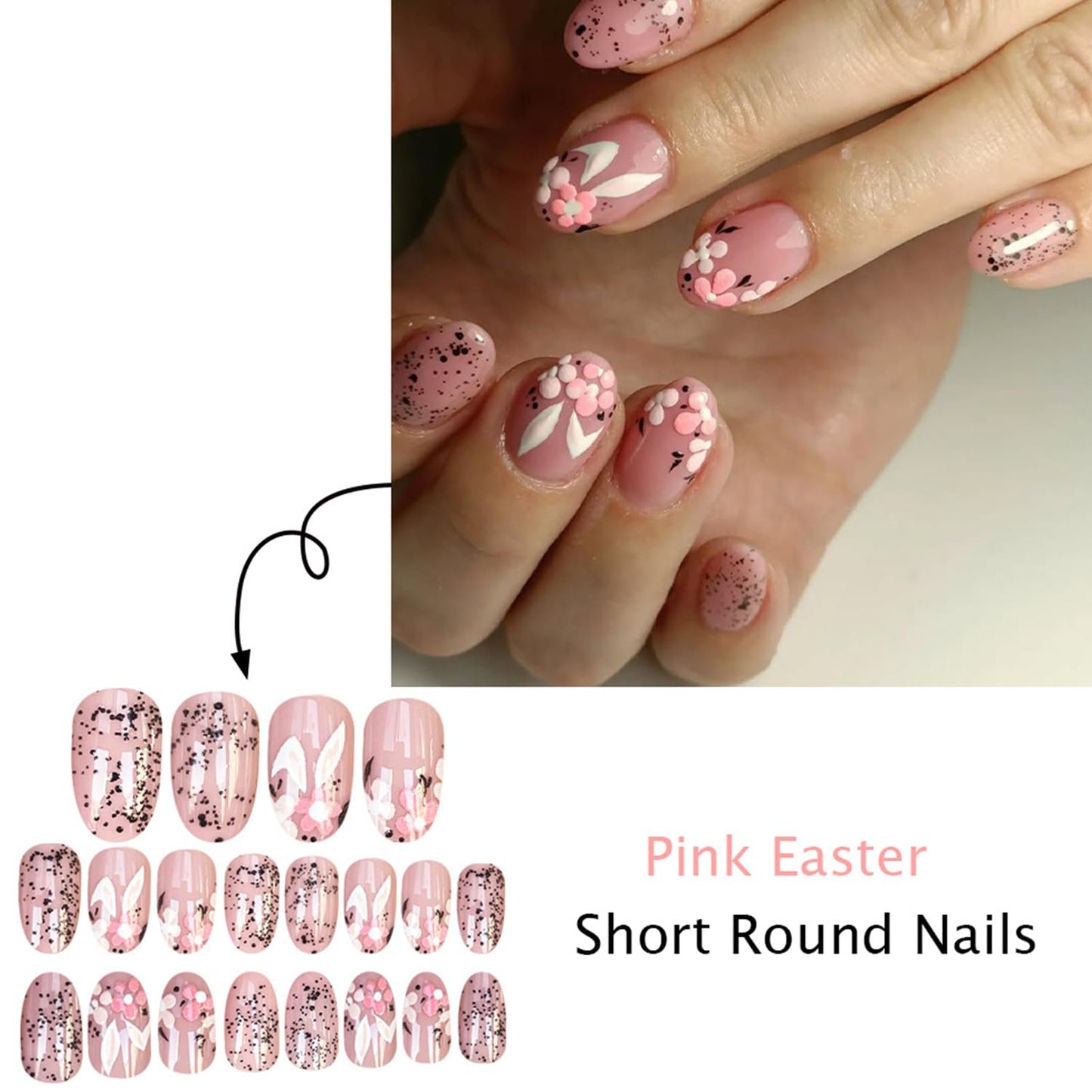 24Pcs Spring Pink Flowers Easter Press on Nails Short Oval Artificial Acrylic False Nails Floral Rabbit Design Full Cover Glossy Stick on Nail Artificial Fingernails for Women Festival Manicure