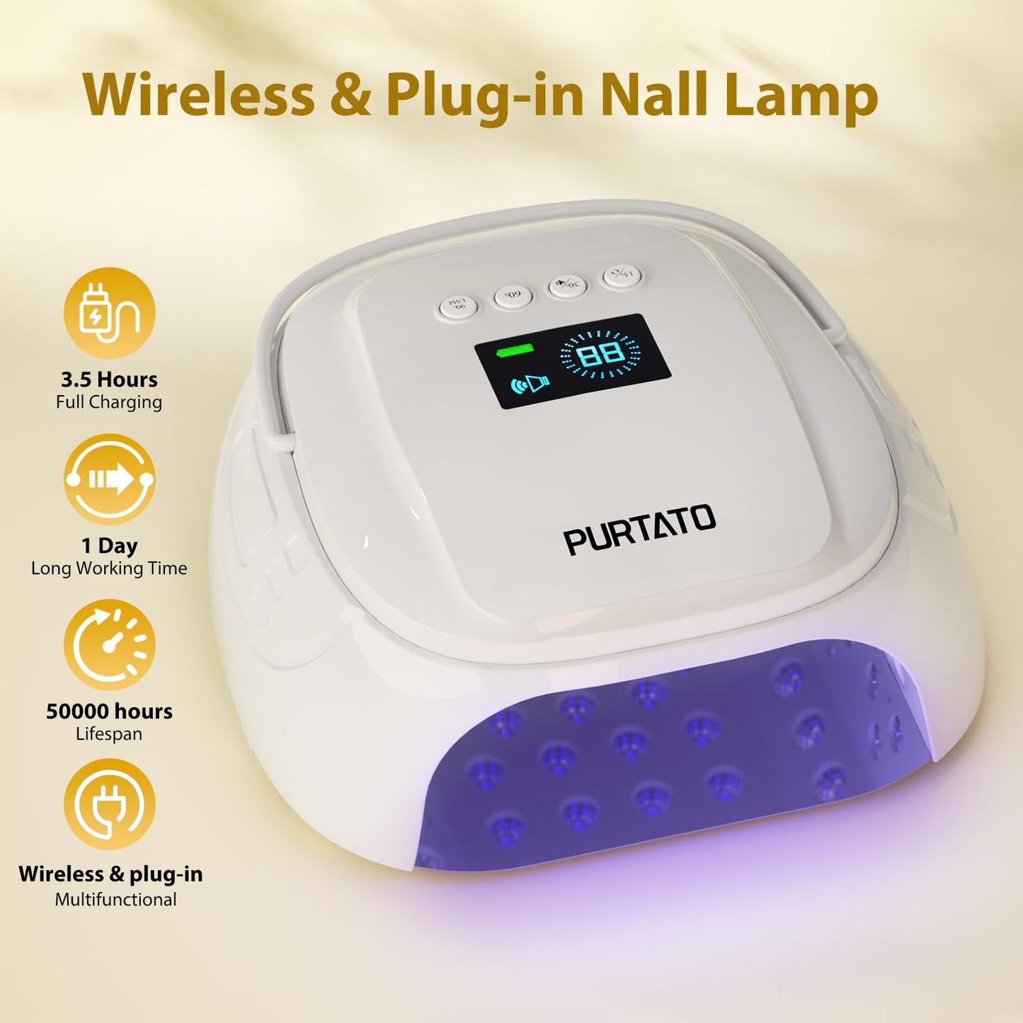 Purtato 126W Cordless Rechargeable UV LED Nail Lamp with Large Space, Handle and Foot Rest, Fast Curing Gel Nail Dryer with 4 Timers for Salon and Home (White)