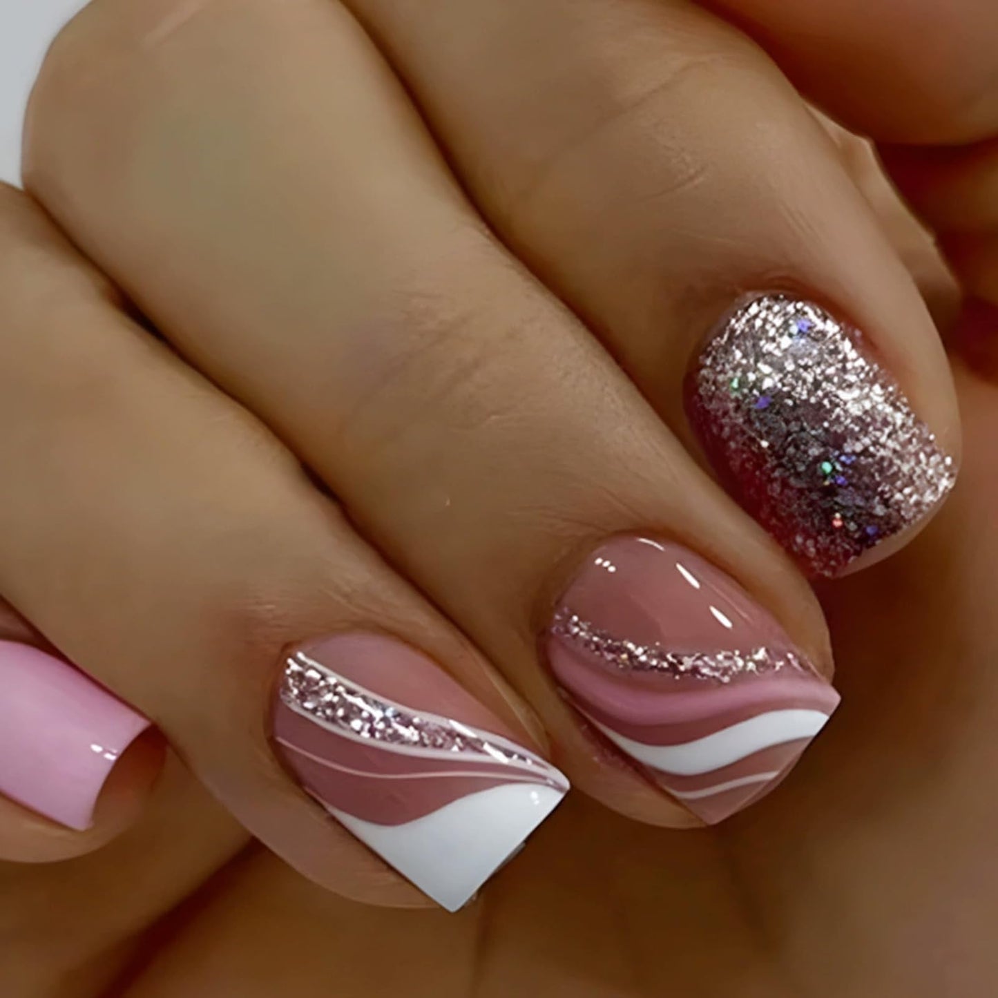 IMSOHOT Short Press on Nails Square French Tips Fake Nails Pink Silver Glitter Designs Full Cover Cute Acrylic Glossy Squoval Glue on False Nails for Women Girls 24Pcs