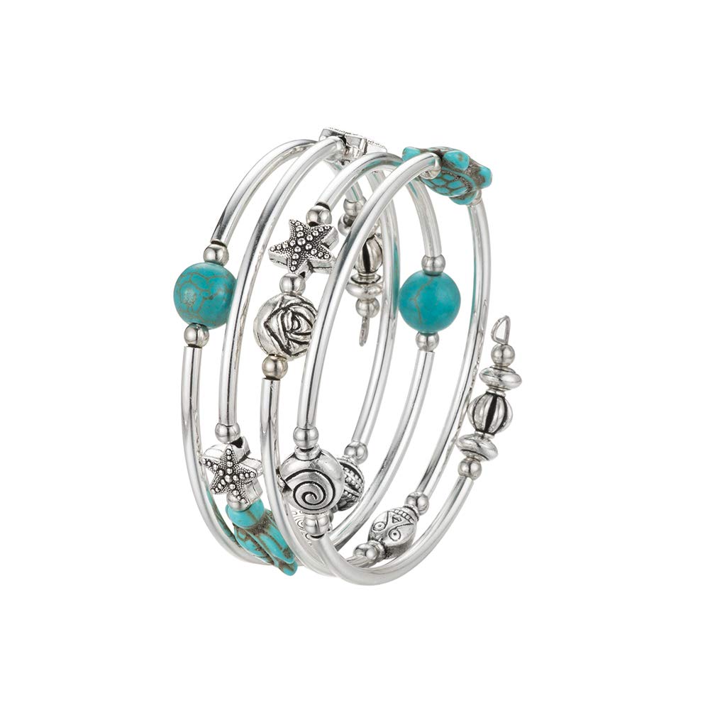 BULINLIN Layered Wrap Bangle Turquoise Bracelet - Bead Bracelet with Natural Agate Stone, Gifts For Women (18-Turquoise blue Turtle Bracelet)