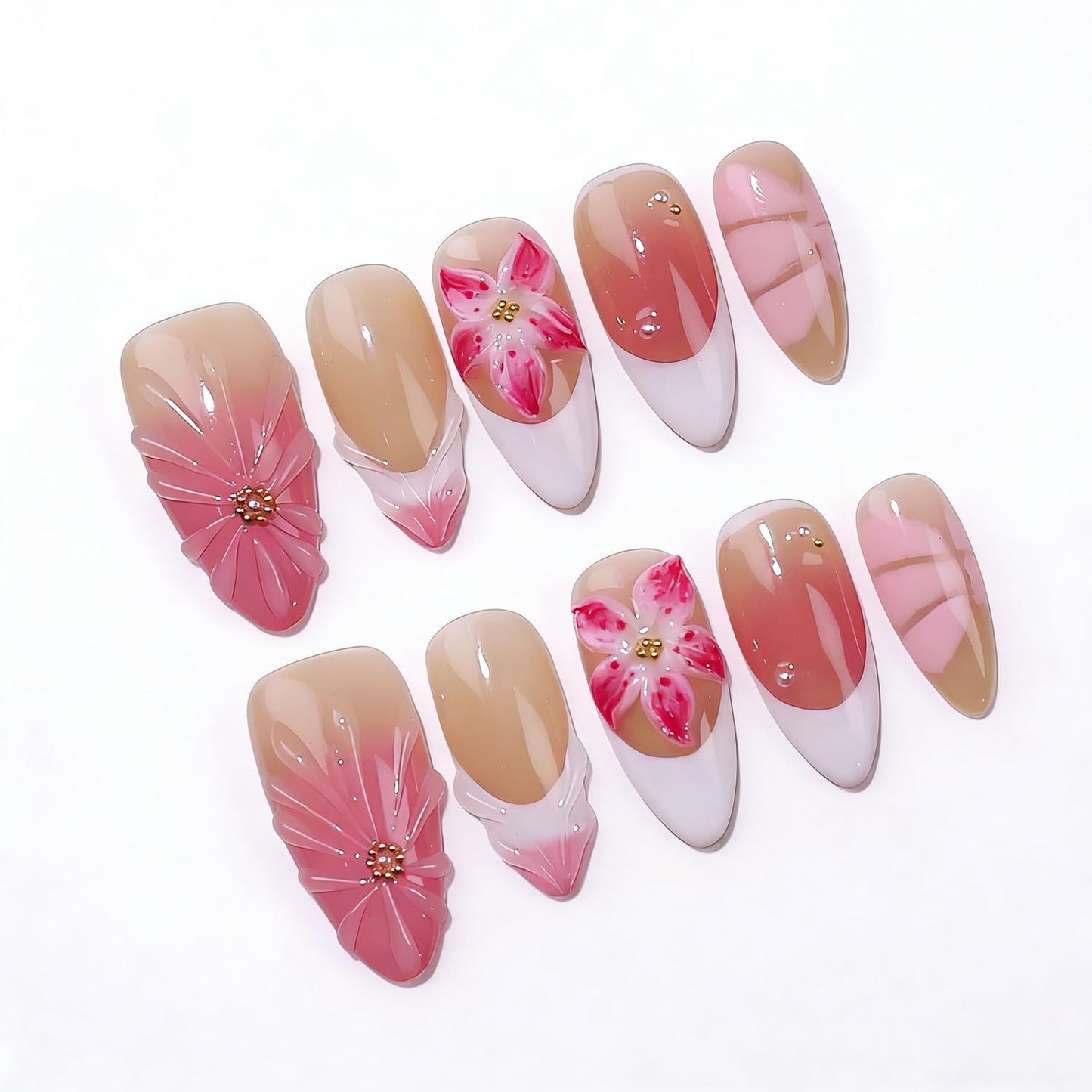 10 Pcs Handmade Press on Nails with Glue,Luxury Almond False Nails with 5D Tropical Flower Design Pink Reusable Acrylic Nails Handmade Nail Muti-Layer Gel Thick False Nails for Women(Size S)