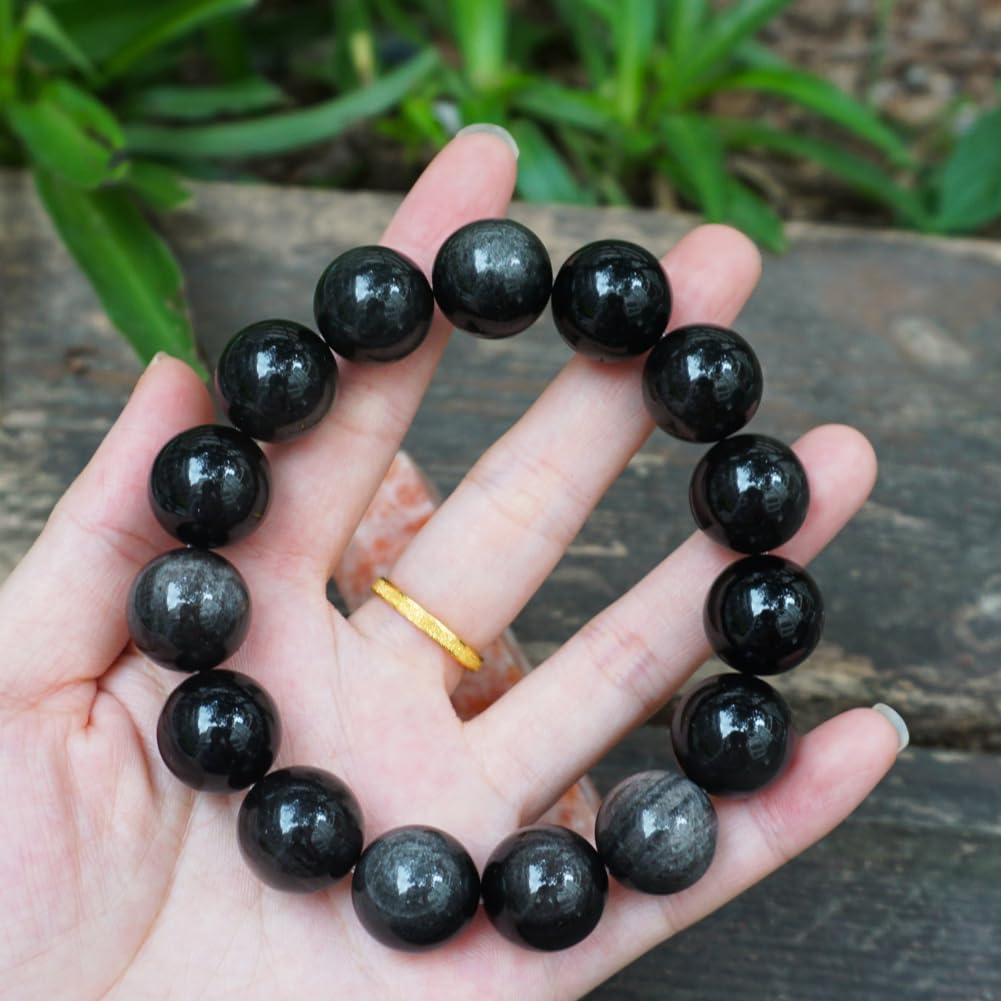 TaHLga 14mm Silver Obsidian Crystal Bracelet | XLarge Size | Natural Root & Third Eye Chakra Stone | Protection & Intuition | Fits for XLarge Wrist 8.5-9" | Come with Box & Pouch
