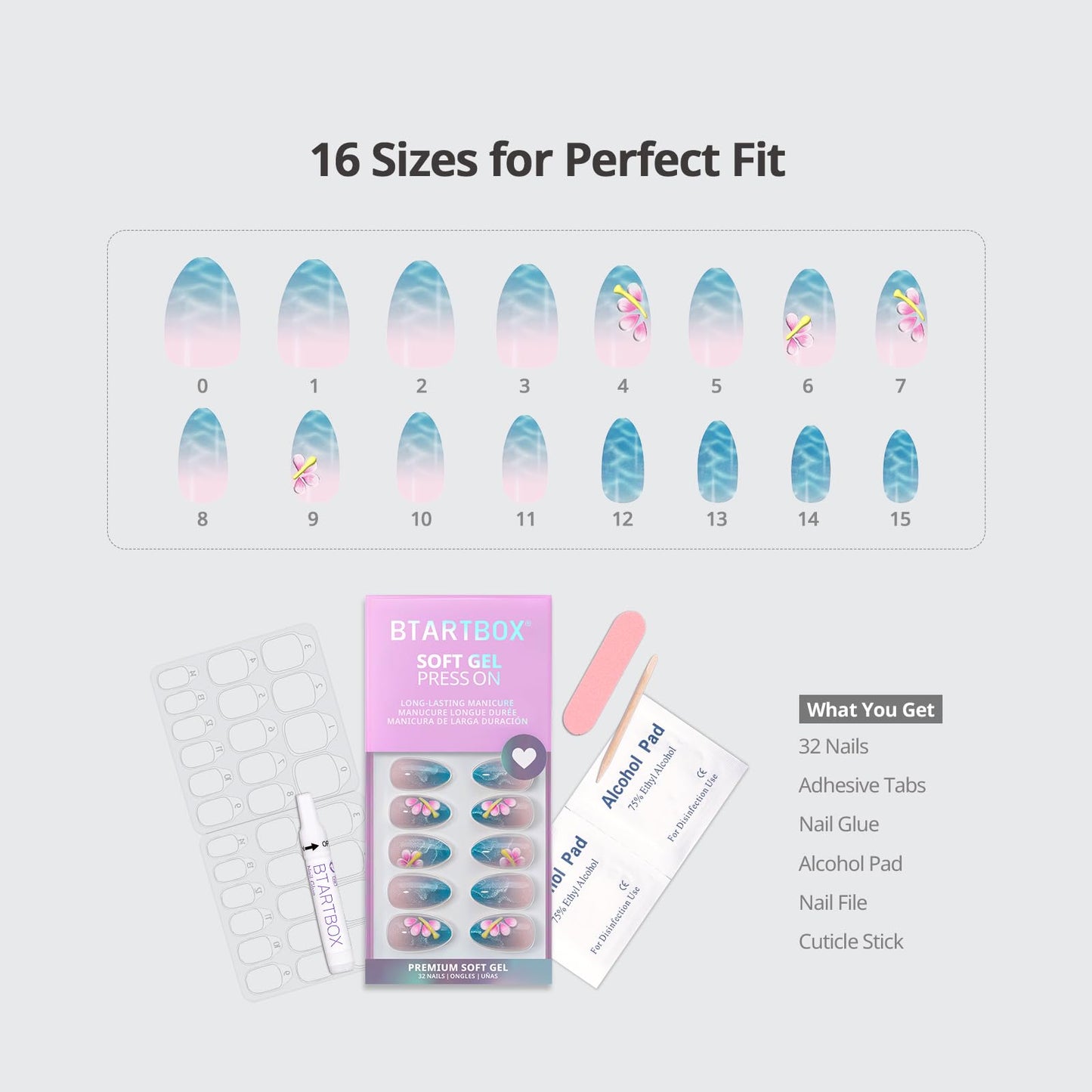 BTArtbox Press On Nails Short - Blue Holiday, Easy-to-Apply 3D Petals Cat Eye Almond Press On Nails with Glue and Adhesive Tabs in 16 Sizes - 32 Nails All-in-One Kit