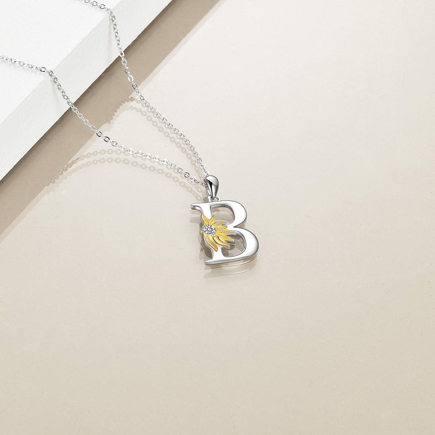 POPLYKE Sterling Silver Initial Alphabet Letter B Script Name Pendant Chain Necklace for Women for (Sunflower B)