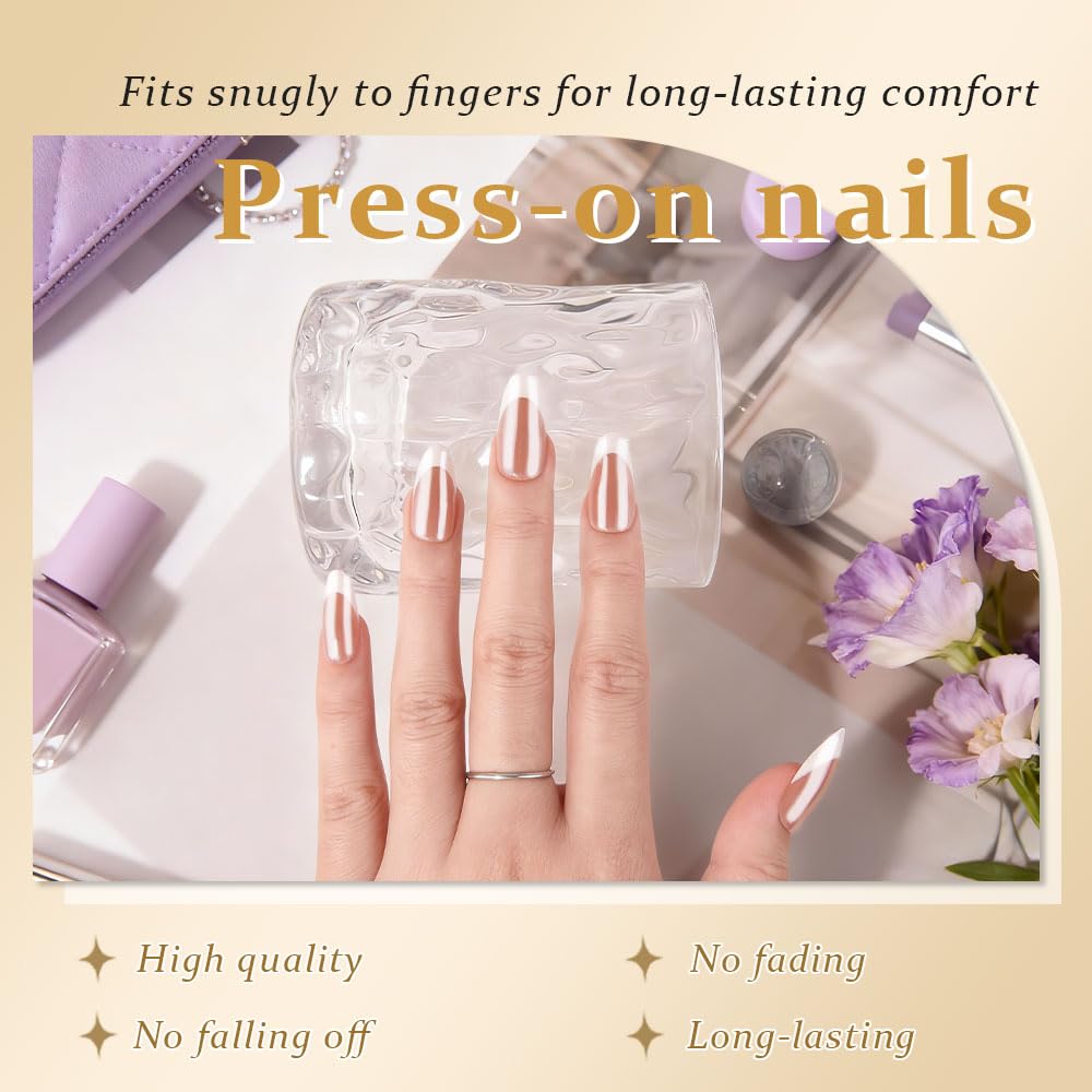 evpct French Tip Press On Nails Medium Almond, Nude Brown + White Tips, Chrome Glazed Medium Almond Fake False Press on Nails, Soft Gel Stick on nail Press ons Nail Kit, Reusable Salon Quality