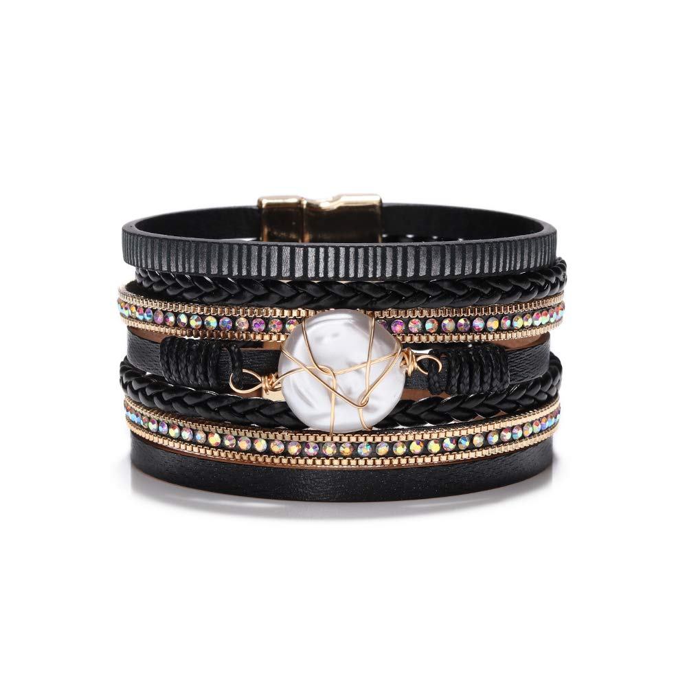 Fesciory Leopard Bracelet for Women, Boho Leather Wrap Multi-Layer Pearl Crystal Bracelet Bangle Jewelry(Round Pearl(Black))