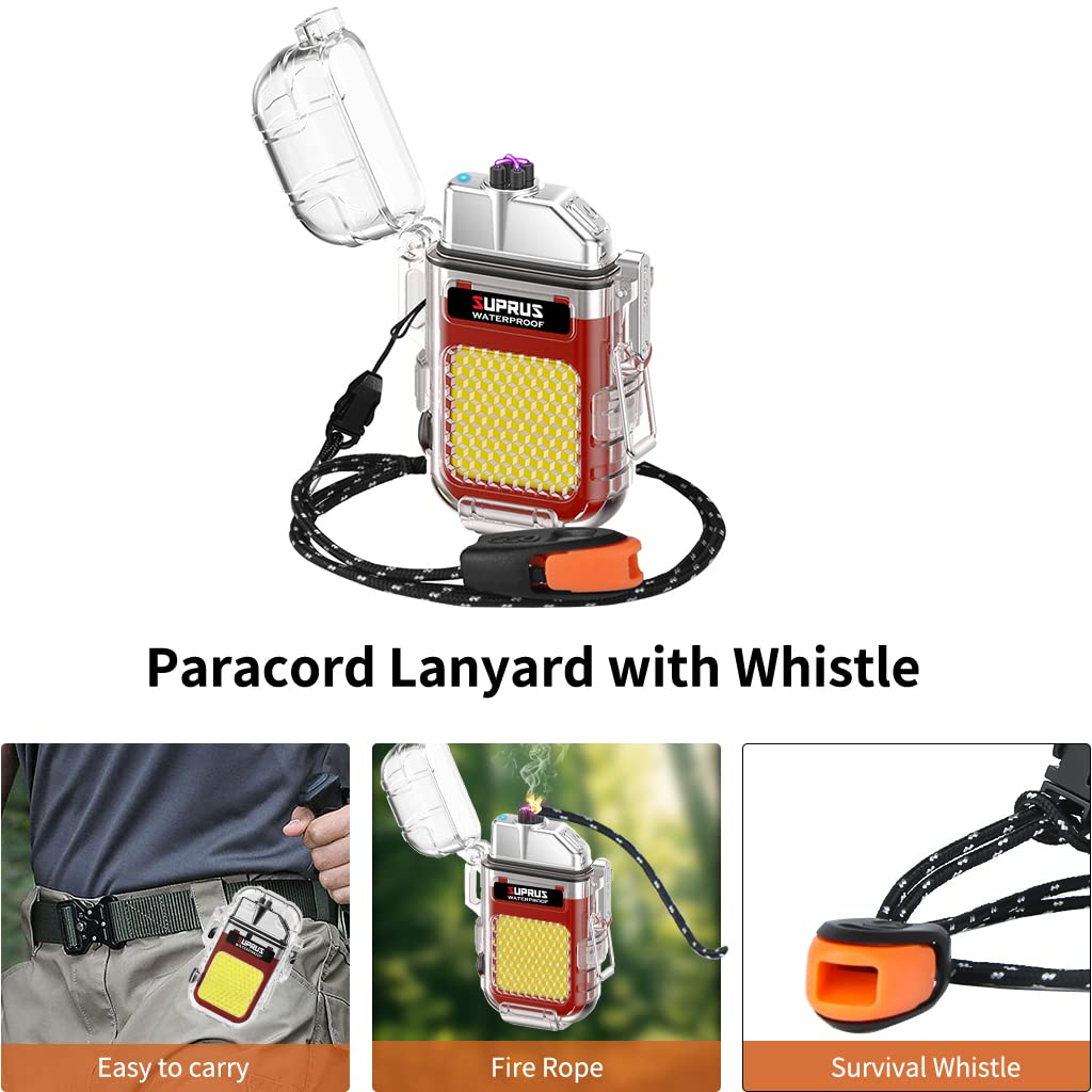 SUPRUS Waterproof 3 Modes of Flashlight Windproof Lighter Dual Arc Electric Rechargeable Dual Arc Plasma Lighter with Survival Emergency Whistle and Lanyard (Red)