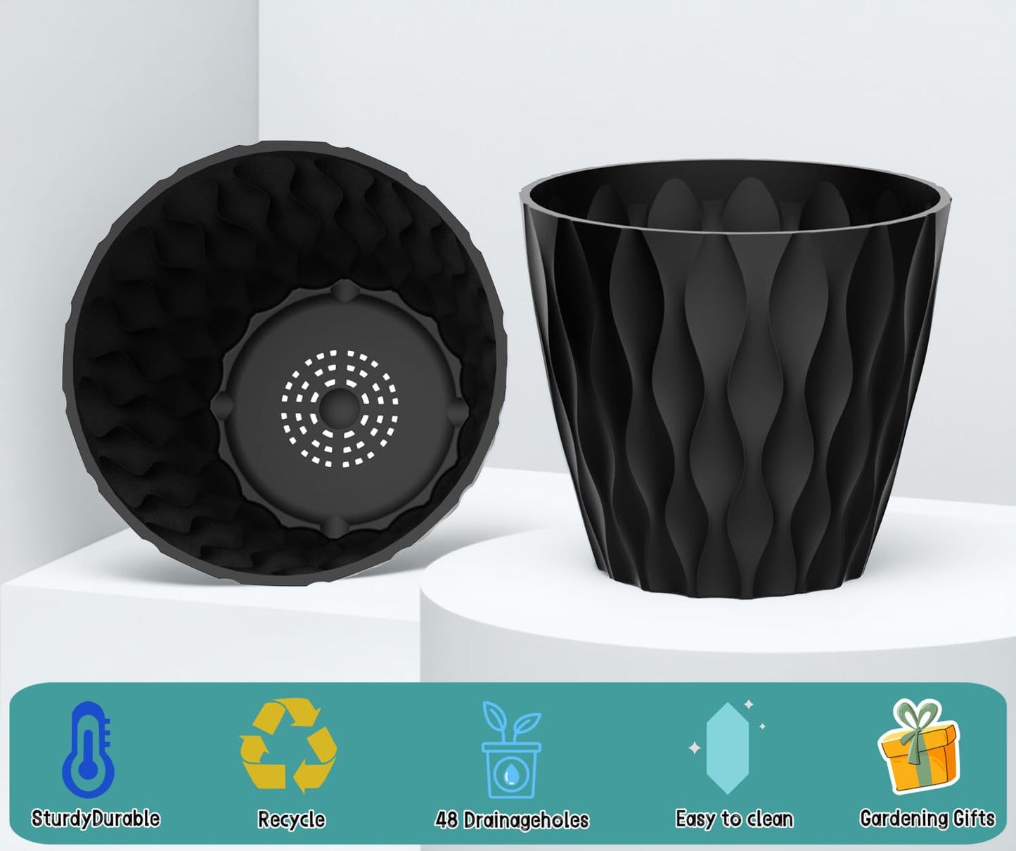 zople 6 Pack 7 Inch Plant Pots with Drainage and Saucers, Black Plastic Flower Pots for Indoor and Outdoor Plants, Stackable Nursery Planters for Houseplants and Herbs, Black