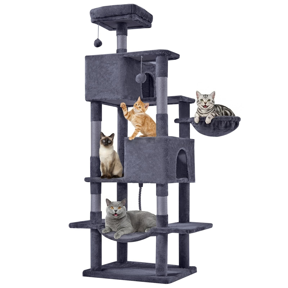 DUMOS 54-inch Indoor Cat Tree Tower –Multi-Level Pet House for Large Cats with 2 Condos, Scratching Posts, Round Platform, Small Ladder, and Toys – Perfect for Cats of All Ages, Dark Grey