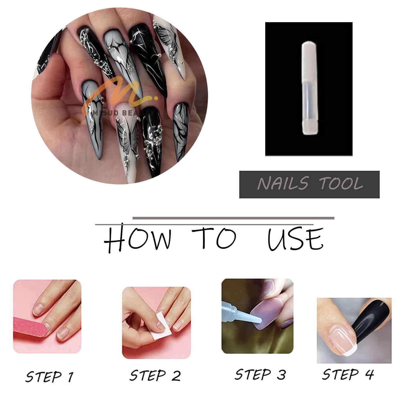 MISUD Press on Nails - Long Stiletto Glue on Nails with Goth Black, Acrylic Gothic Butterfly Design 24 pcs