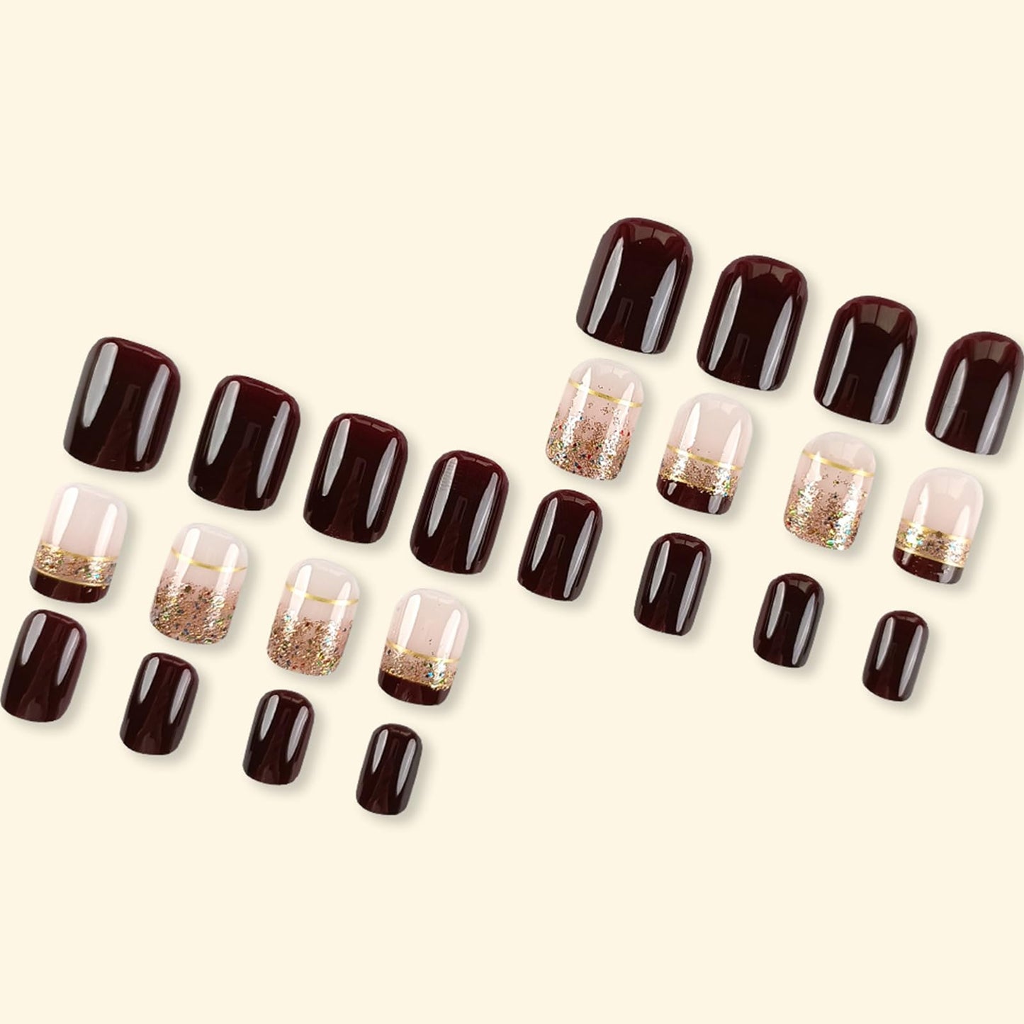 Fall Press-on Square Short French Tip Brown False Nails with Golden Glitter Designs - Glossy Glue-on Artificial Stick-on Nails for Women - 24 Pcs