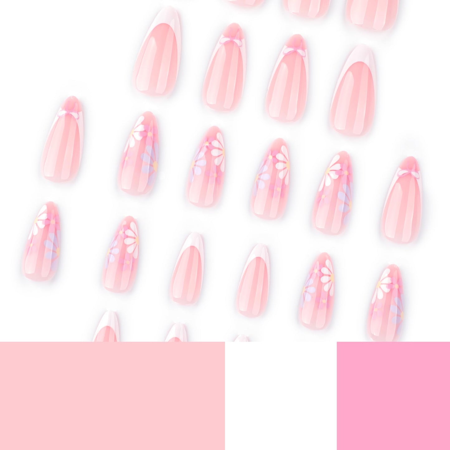 SEENEEY Almond Press On Nails Medium French Tip False Nails White Artificial Nails Floral Stick On Nails 24pcs