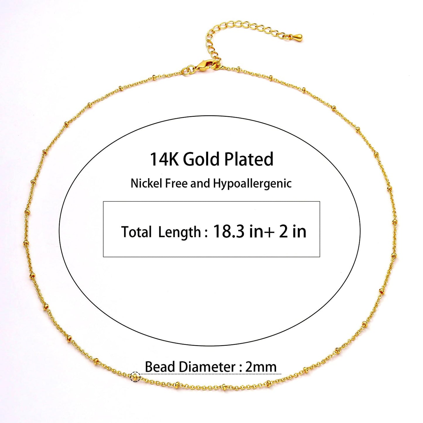 MAIKERDER 14K Gold Plated Thin Satellite Chain Necklace for Women Minimalist Dainty Simple Gold Beaded Necklaces Non Tarnish 18 Inches