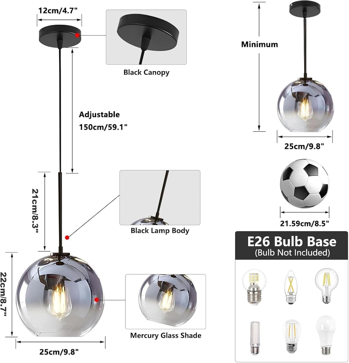 KCO Lighting Mercury Glass Pendant Light Fixtures Mid Century Modern Silver Kitchen Island Pendant Lights Ceiling Hanging Black Large Globe Pendant Light for Living Room Dining Room