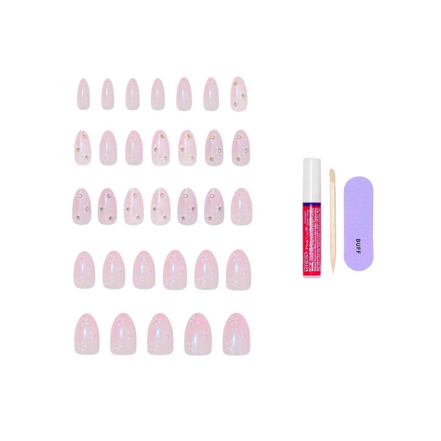 Kiss Glam, Press On Nails, Nail glue included, 'Breeze of Bliss', White, Medium Size, Almond Shape, Includes 32 Nails, 2g Glue, 1 Manicure Stick, 1 Mini File