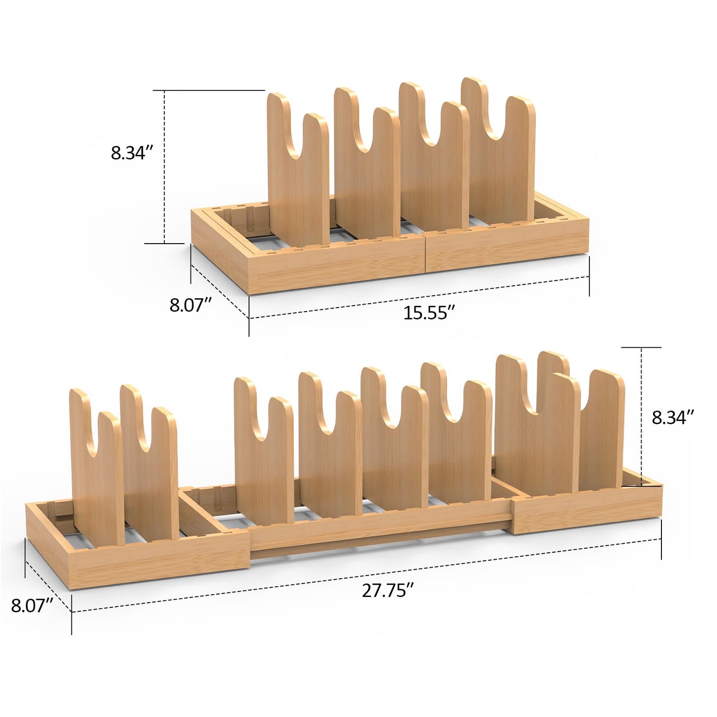 FoverOne Expandable Pot Lid Organizer, Bamboo Pot and Pan Organizer for Under Cabinet, 16" to 28" Adjustable Length and 8pcs Dividers