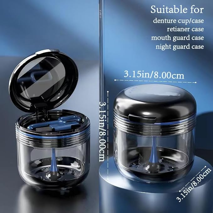 Retainer case, Denture Bath Cup，Retainer Cleaner Case Box,Night Mouth Guard Case Holder,Storage Soak Container with Drain Tray for Travel Cleaning with Mirror and Brush