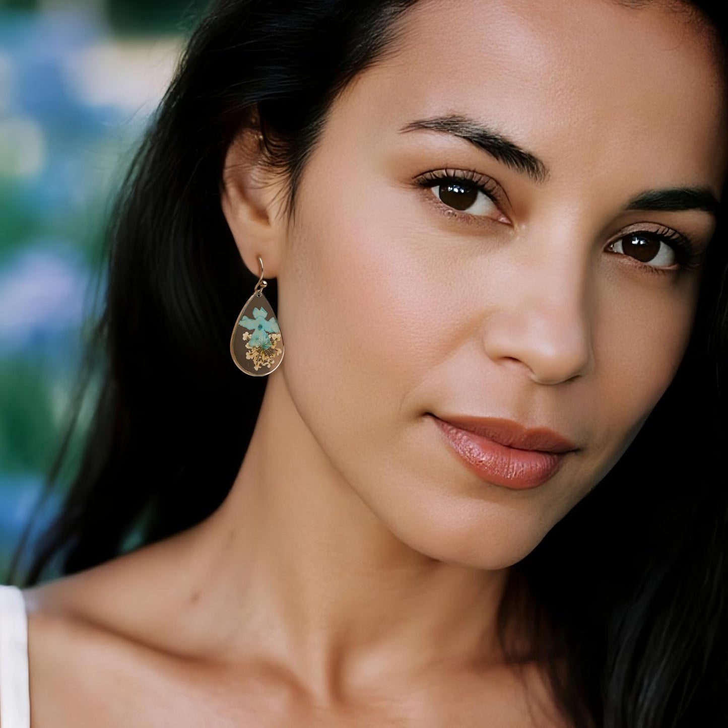 Jean Beau Handmade Pressed Flower Earrings for Women, Unique Blue Turquoise Dried Flowers Sterling Silver Teardrop Dangle Drop Nature Floral Earings Summer Jewelry Gift