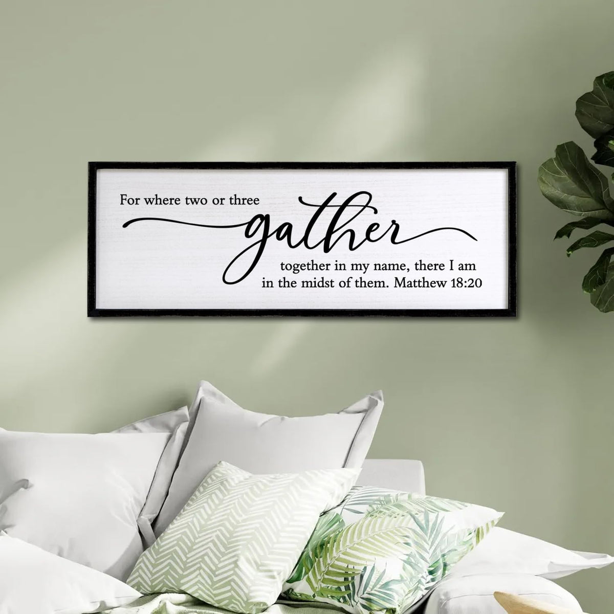 For Where Two Or Three Gather Sign Dining Room kitchen Wall Decor Bible Verse Scripture Matthew 18:20 Wooden Frame 32X12 Inch for Christian Family Hanging Art (Black)