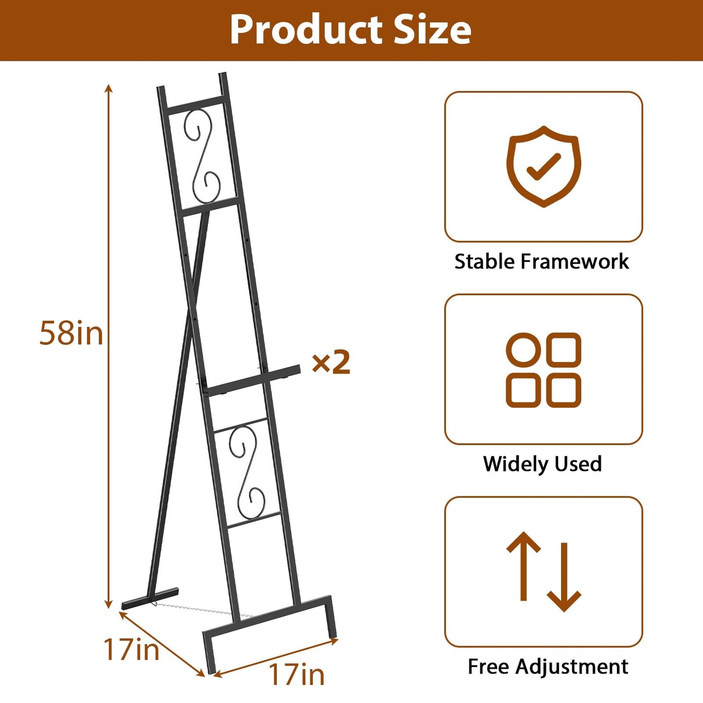 2 Pack Easel Stand for Sign, Metal Easels with Chain Support, Adjustable Free Standing Painting Rack for Display, Poster Picture, Wedding Sign,17" x 17" x 58", Black