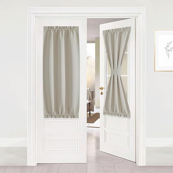 NICETOWN 50 inches Long Curtains with Tieback for Living Room Window, Thermal Insaulted Door Shade for Kitchen Front Back Glass Classroom, 1 Panel Door Blind, 25 inches Wide, Natural