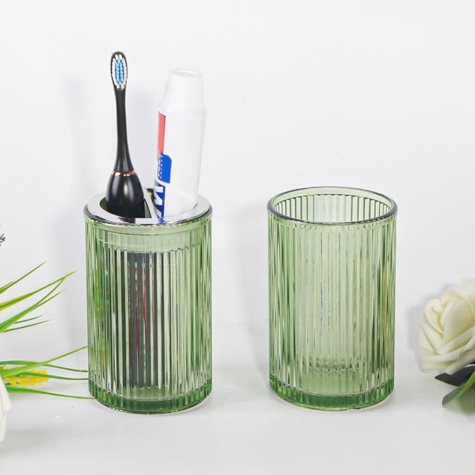 Green Toothbrush Holders for Bathrooms, 2pcs Glass Toothbrush Holder and 12oz Bathroom Tumbler Cup Set, Silver Tooth Brush and Toothpaste Organizer for Bathroom Vanity Countertop