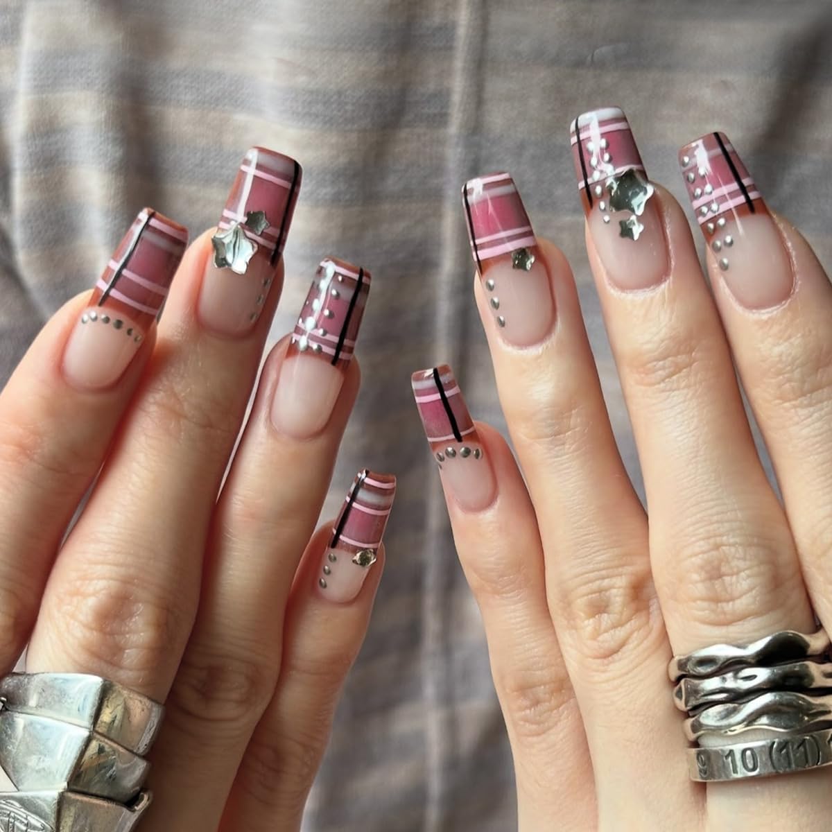 plalely Square Press on Nails Long Purple Fake Nail Acrylic Nail Press ons Stripes Stick on Nails for Women 24pcs