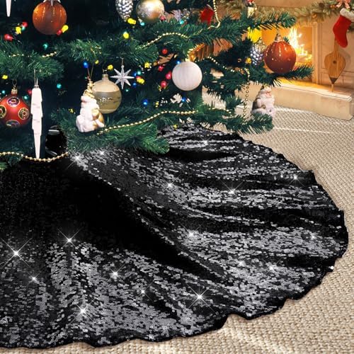 Poise3EHome Black Christmas Tree Skirt, 36 Inch Sequin Tree Skirt