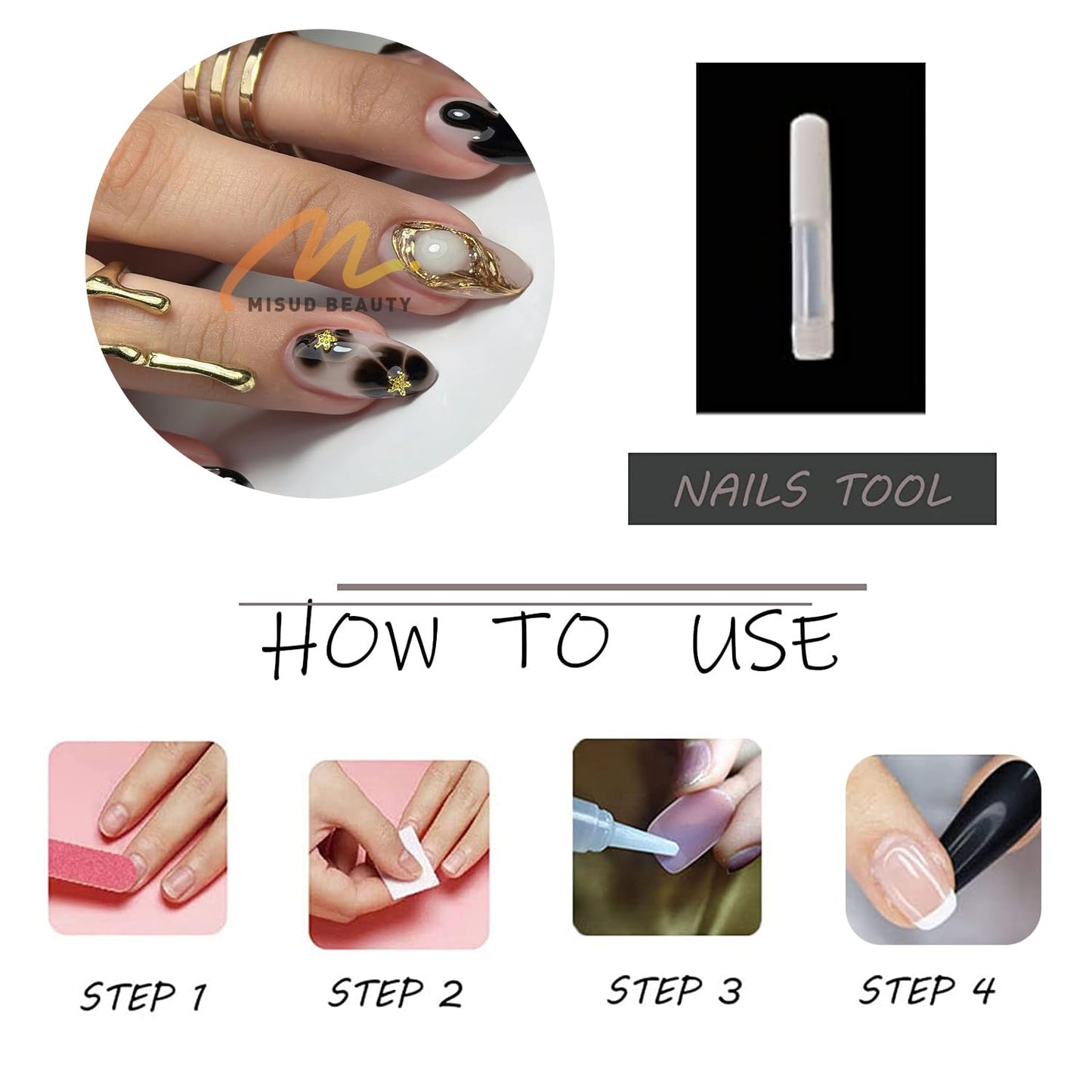 MISUD Press on Nails - Medium Almond Fake Nails with Black Flower, Acrylic Gold Chrome Design 24 pcs