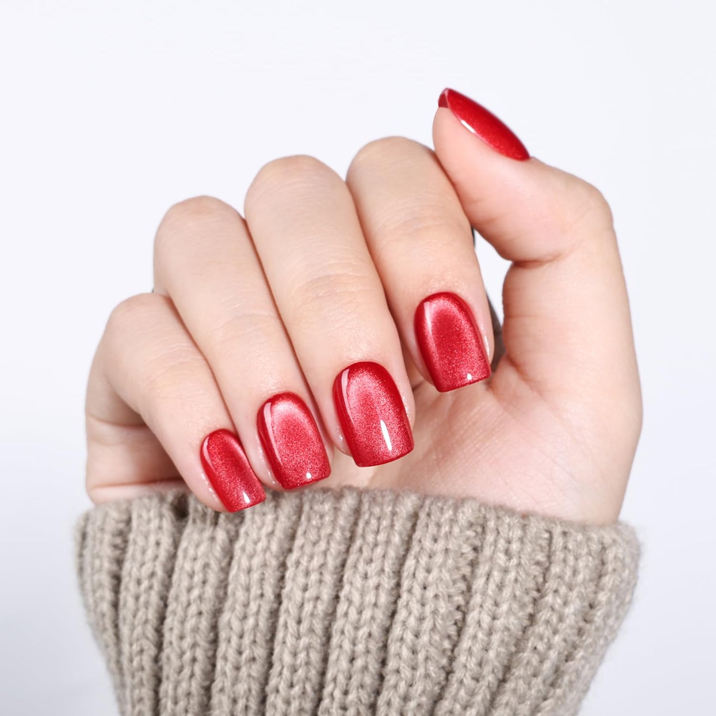Red Cat Eye Press On Nails Square- Red Short Square Fake Nails, Cateye Press On Nails Reusable Stick On Nails in 15 Sizes, 30pcs False Nail Kit for Women & Girls (Ruby Night)
